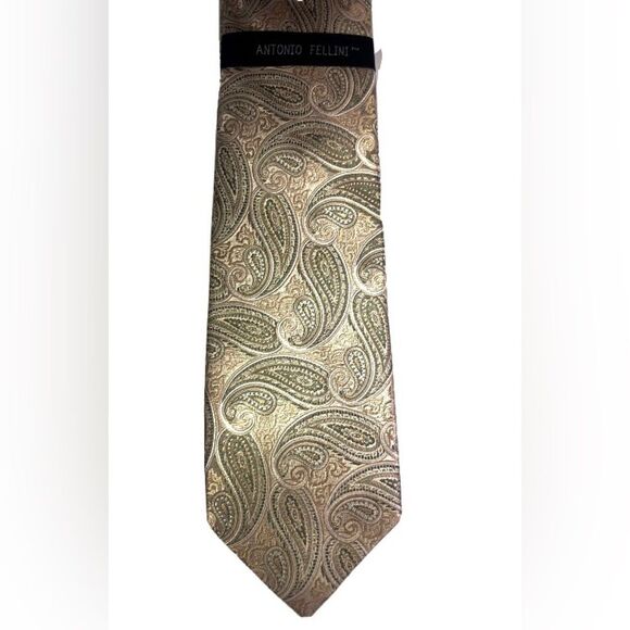 Antonio Fellini 100% Silk Necktie  Olive & Gold Paisley Design 🌟 58”x3.5” NWT - Picture 1 of 3